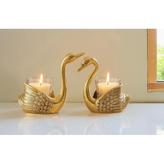 Hastcraft Elegant Pair Swan Votive Candle Holder. Decorative Metal Swans T-Light Holder Set of 2 Festive Décor for Home - Gold Showpiece Gift on Anniversary, Weddings, Valentine Day
