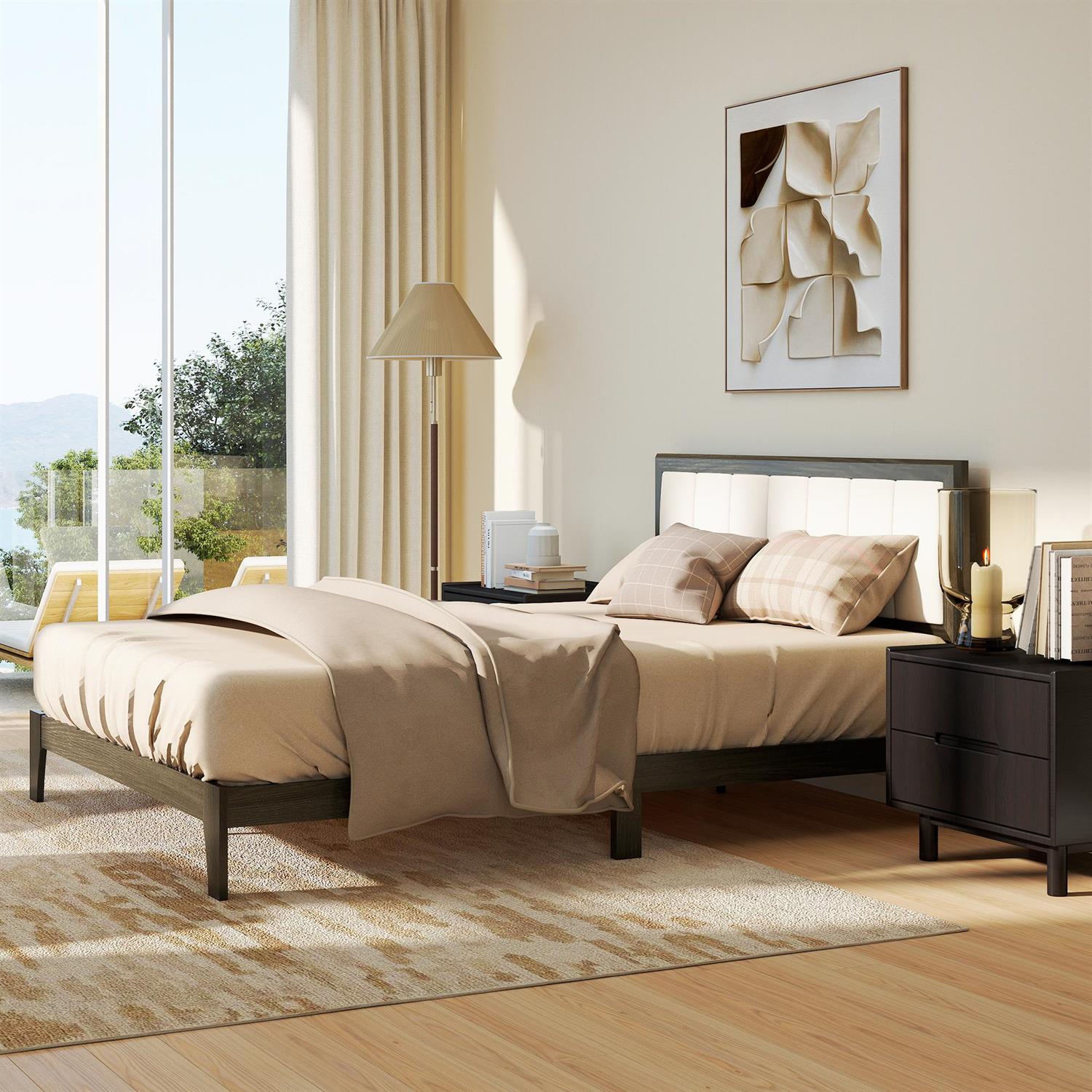 Demi Bonn Queen Size Bed Frame with Headboard, Wood Slats & Modern Platform Style Without a Box Spring, Gray