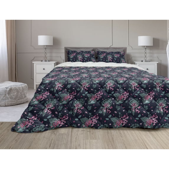 Tropical Comforter & Sham Bedding Set, Continuous Jungle at Night Floral Monstera Leaf, 3 pcs Duvet Set Microfiber Filling Quilt, 5 Sizes, Charcoal Grey Multicolor, by Ambesonne
