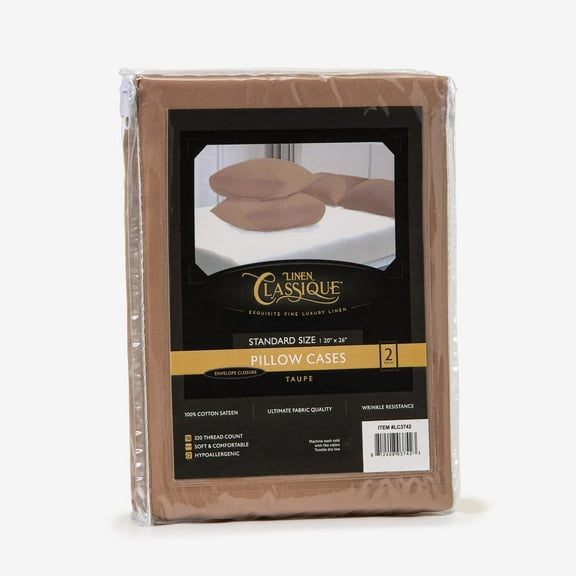 Linen Classique Luxury Pillow Cases with Envelope Closure - Premium Sateen Cotton Fabric 320 Thread Count, Wrinkle Resistance - Standard 20x26 (Taupe)