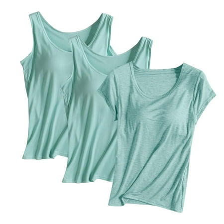 3PC T-Shirt with Built-in Bra Women Workout Tank Tops Sleeveless Padded Bras Soft Pajama Top Plus Size Modal Shirt