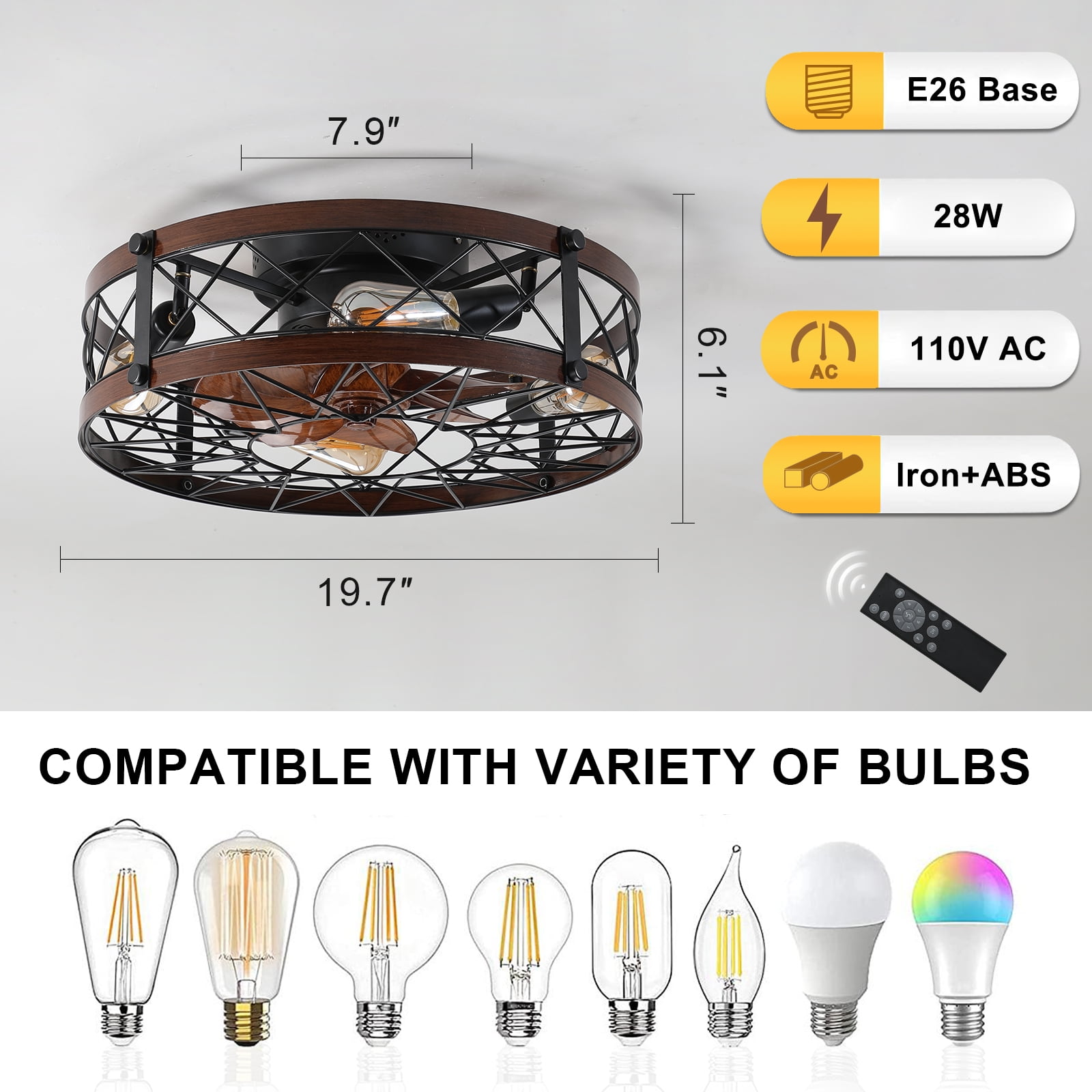 Aukfa Retro Small Ceiling Fan with Light Remote Control, Flush Mount, Caged Fan with 4 Bulbs for Farmhouse Dining Room Bedroom