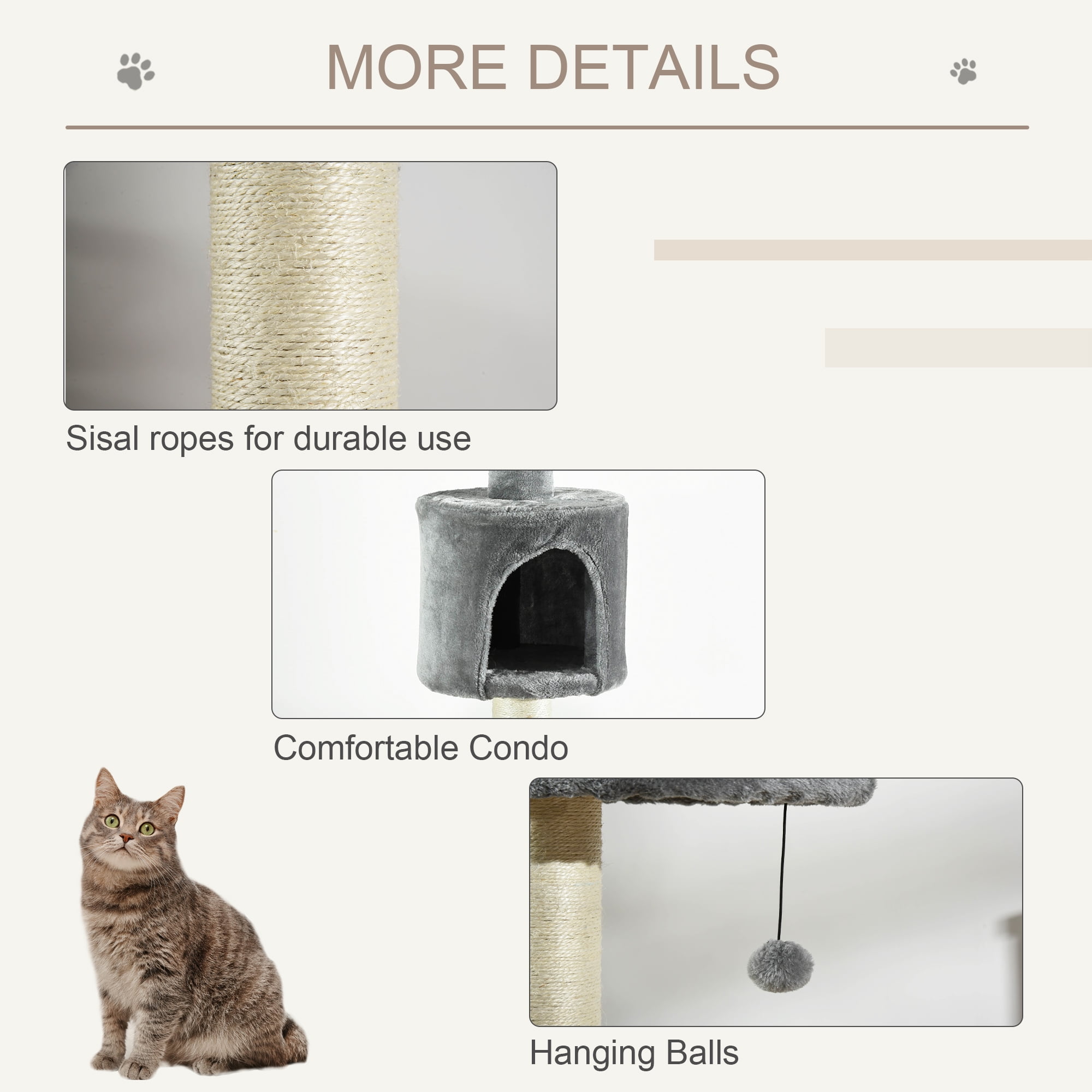PawHut 110" Cat Tree Height Adjustable Floor-to-Ceiling 4-Tier Kitty Climbing Activity Center Condo Cat Toy with Scratching Post Hanging Balls Play Rest Post Pet Furniture Grey