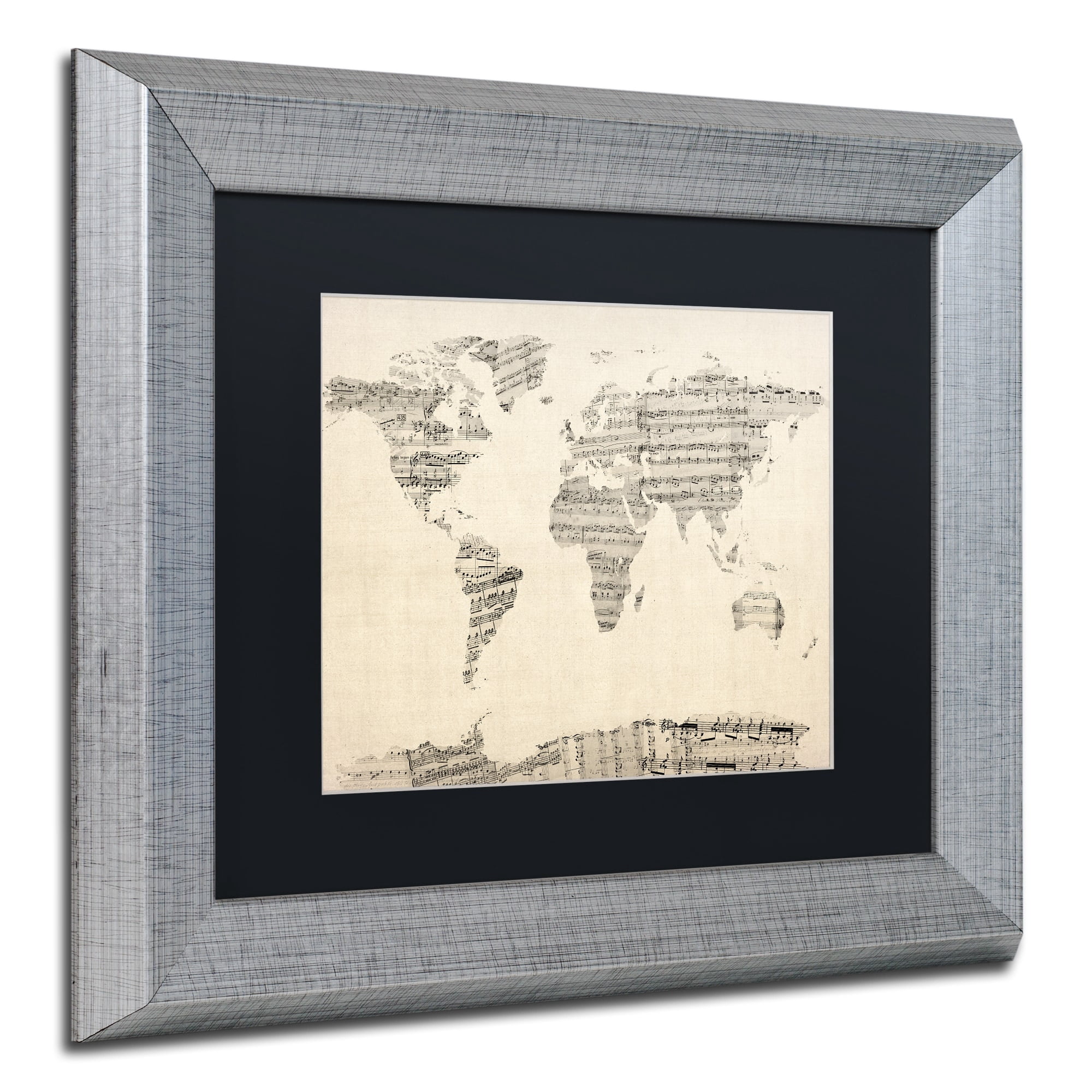 Trademark Fine Art "Old Sheet Music World Map" Canvas Art by Michael Tompsett Black Matte, Silver Frame