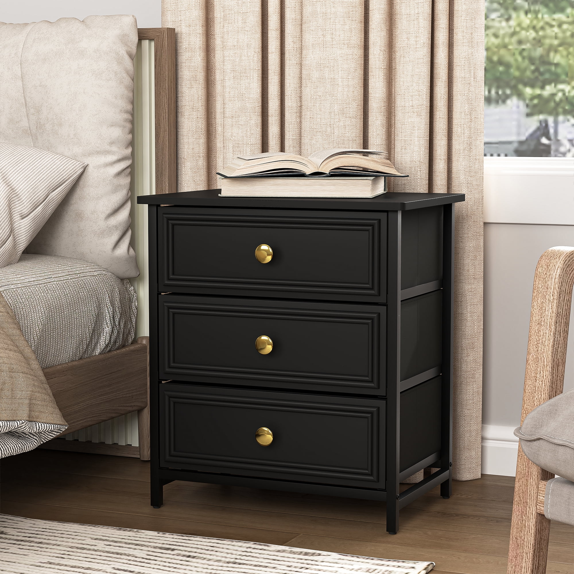 Demi Bonn Nightstand Set of 2, Bedside Table with 3 Decorated Drawers, Wood Accent Side End Table with Storage for Bedroom, Black