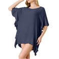 thumbnail image 3 of Puntoco Vestido Informal De Color Liso Con Mangas Y Volantes Para Mujer, Vestido Playero De Encaje Con Protector Solar, Manga Corta Y Cuello Redondo, Color Azul Marino,Regalos Para Mujer Joven, 3 of 4