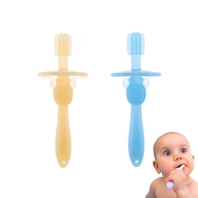 Paquete de 2 mordedores para bebés, cerdas suaves, cepillos de dientes de entrenamiento de 360 grados, juguetes de dentición de silicona/chupete, masajeadores de encías para bebés recién nacidos