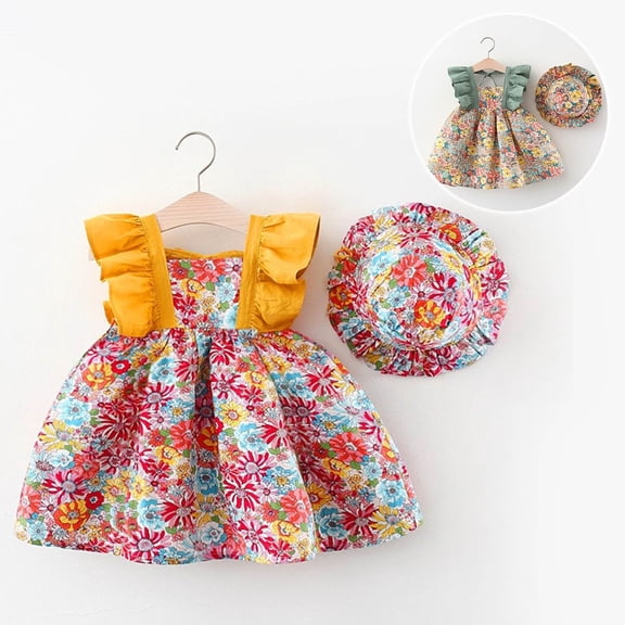 LRen Little Girl Tea Party Hats Floral Summer Dress Set with Ruffles and Hat for Baby Toddler Girls Sleeveless Outfit Red