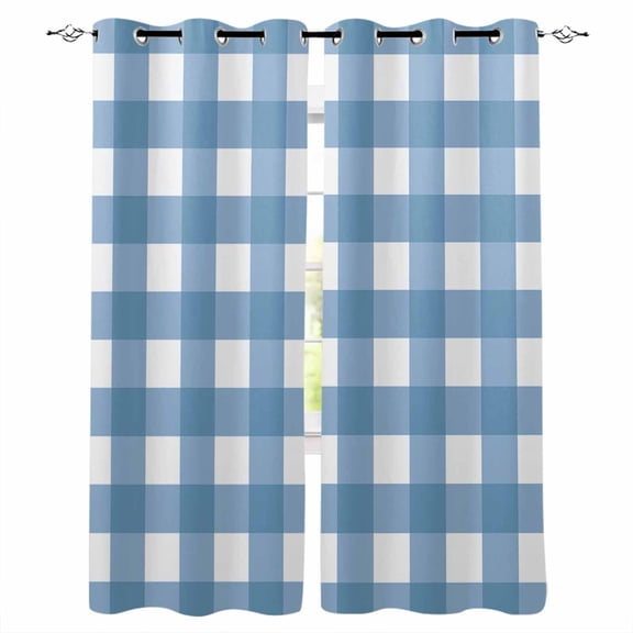 Blackout Curtains for Bedroom, Blue White Plaid Room Darkening Window Drapes for Living Room, Gradient Geometric Buffalo Checkered Thermal Insulated Grommet Curtains, 52x72 inch, 2 Panels