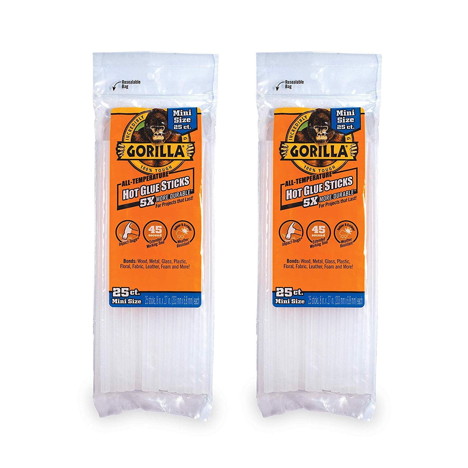Gorilla Hot Glue Sticks, Mini Size, 8" Long x .27" Diameter, 25 Count