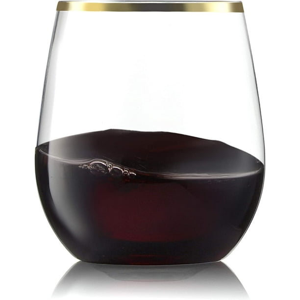 32 Pack Stemless Plastic Wine Glasses Disposable 12 oz Gold Rim