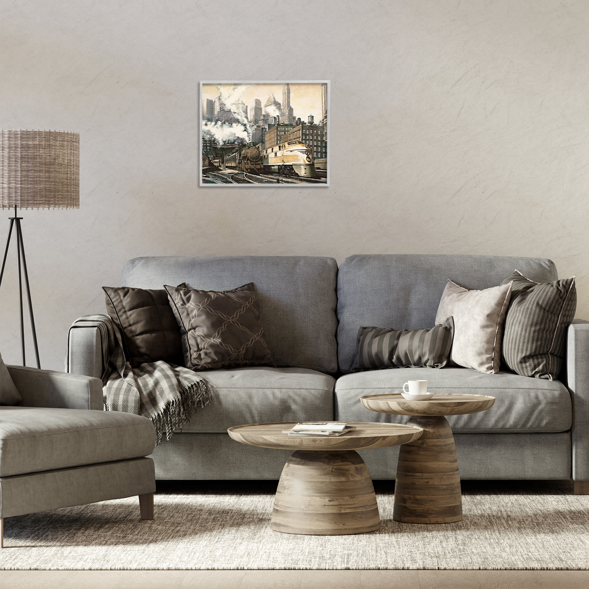 Stupell Industries Urban Steam Train Scenery Painting Gray Framed Art Print Wall Art, 20 x 16