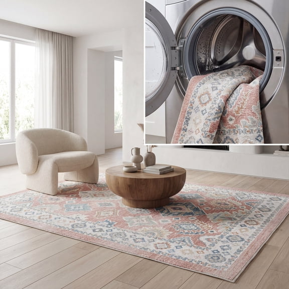 SAFAVIEH Blair Lailee Traditional Machine Washable Area Rug, 4' x 6', Rose/Blue