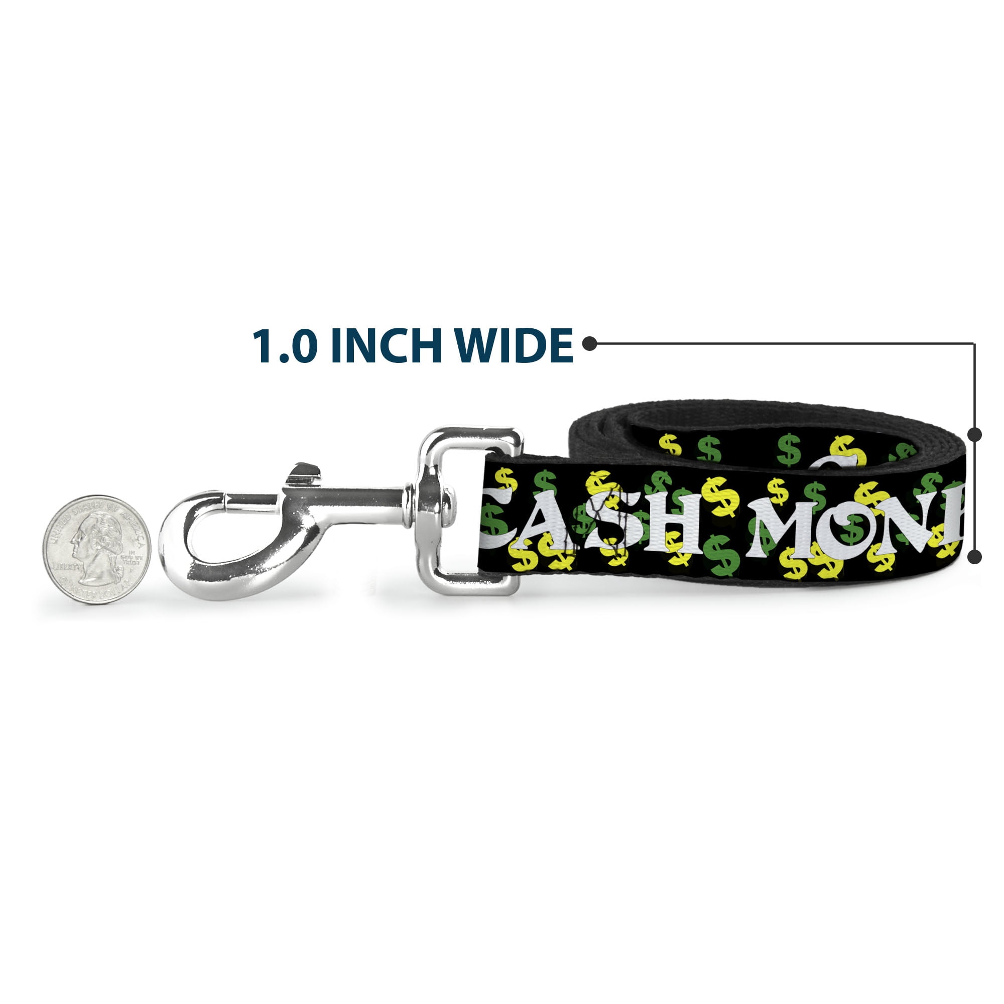 Buckle-Down Pet Leash, Dog Leash, Cash Money Dollar Black White Yellow Green, 6 Feet Long 1.0 Inch Wide