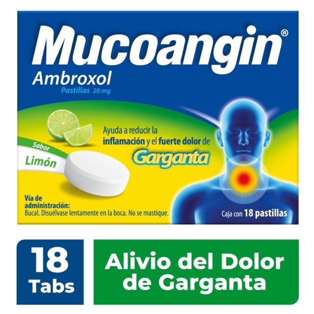 Mucoangin Auxiliar en alivio Dolor de Garganta Limón 18 pastillas 20 mg, caja con tabletas blancas sabor limón que se disuelven lentamente en la boca para aliviar inflamación y dolor fuerte de garganta, medicamento antigripal con ambroxol para uso bucal.