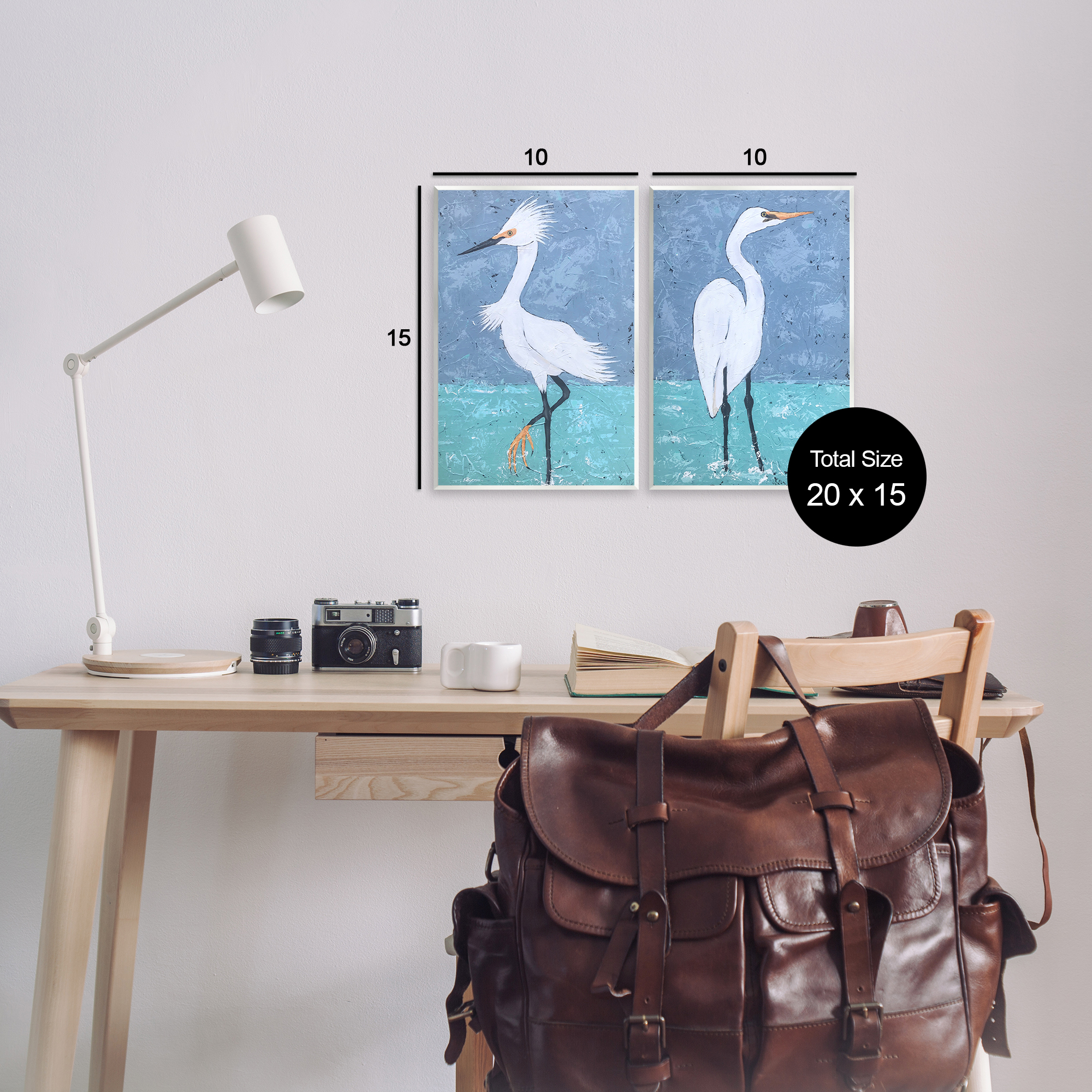 Stupell Industries Snowy Egret Pond Animals Painting Unframed Art Print Wall Art, 10 x 15, Set of 2