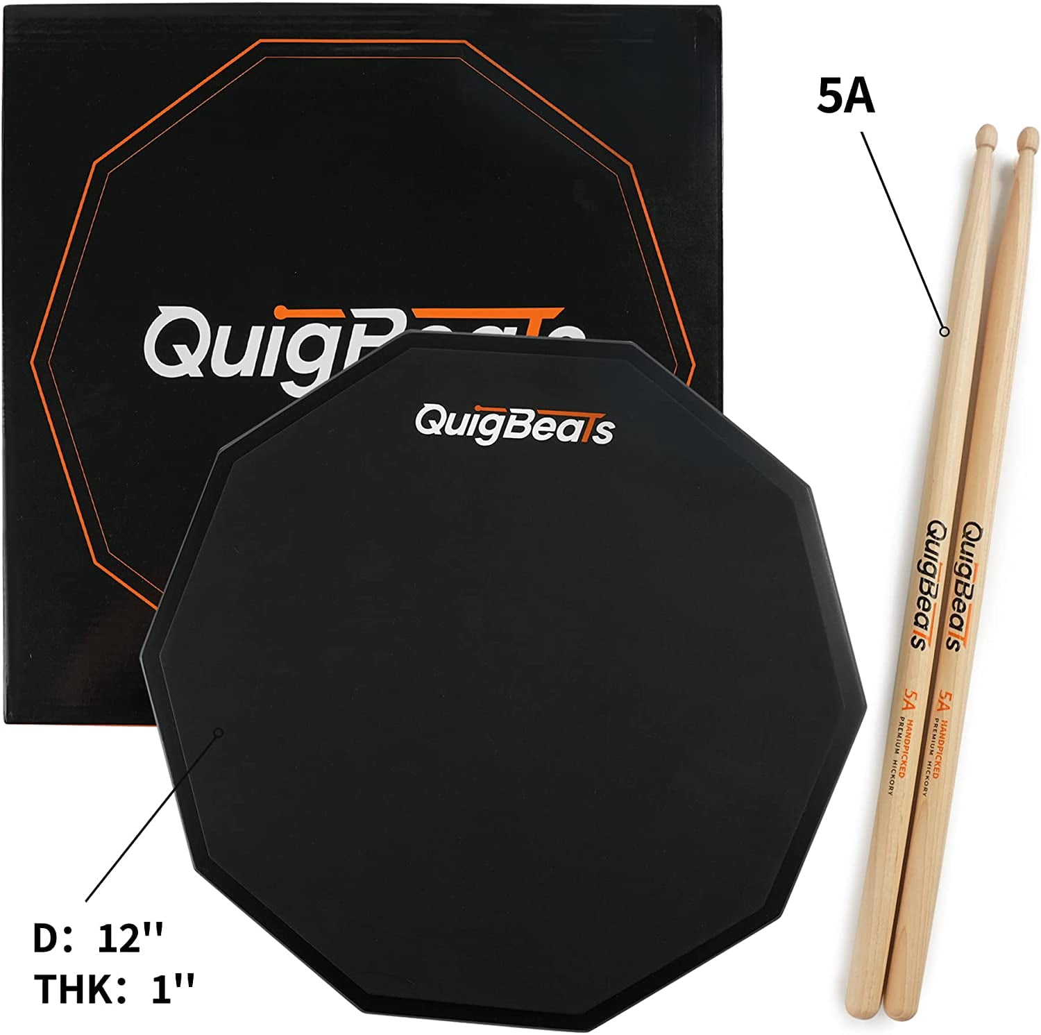 CONSDAN 12" QuigBeats Drum Pad and 5A Drum Sticks, Dark Night