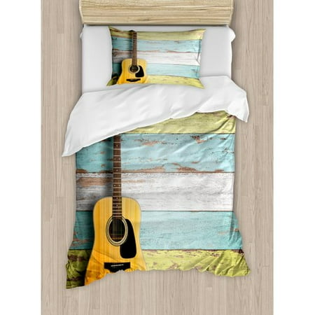 Country Duvet Covers Set Ambesonne Music Acoustic Guitar Painted Aged Wooden Planks Rustic Country Decor Duvet Cover Set ()