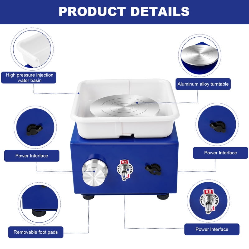 Mini Ceramic Wheel Adjustable 0-300RPM Speed, 30W Ceramic Wheel Detachable Removable Basin, 1KG Load Capacity, Two Sizes Of Turntables Available, Blue