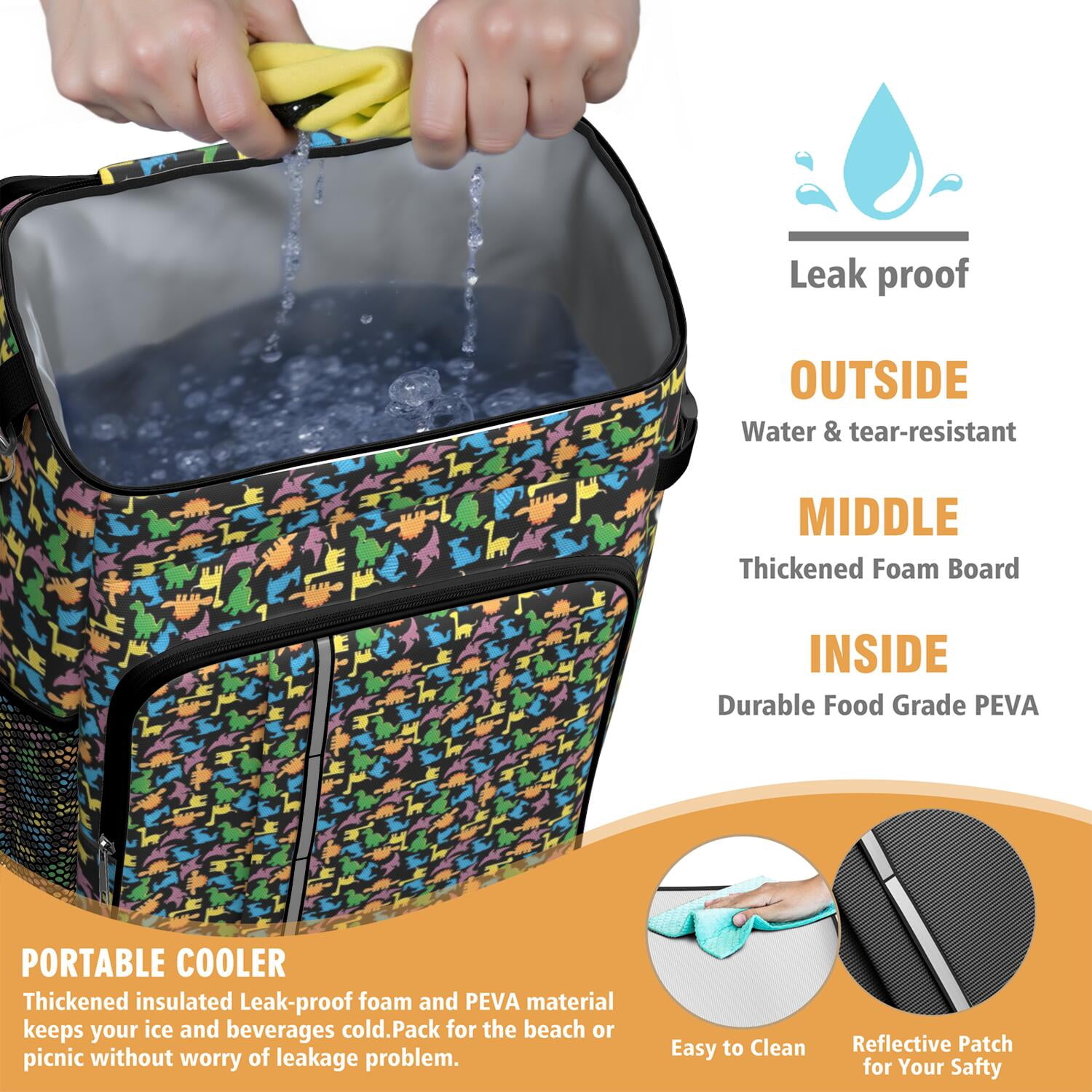 Travel Cooler Bag - Colorful Cartoon Dinosaurs SmallFigures Pattern Camping Beer Cooler Backpack with Bottle Opener- Waterproof Insulated Picnic Backpacks - Cooler Bag for Beach