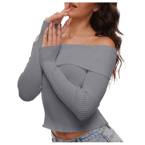 Ediodpoh Women's Fall off Shoulder Sweaters Long Sleeve Ribbed Knit Fitted Pullover Tops Blouse Women Sweaters Grey M