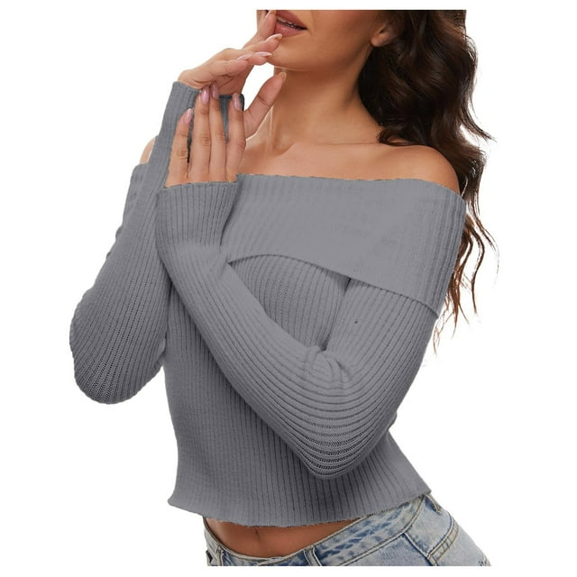 TINZ Women's Fall Off Shoulder Sweaters Long Sleeve Ribbed Knit Fitted Pullover Tops Blouse Sweatshirts for Women V Neck Sweater Men Graphic Sweaters for Men