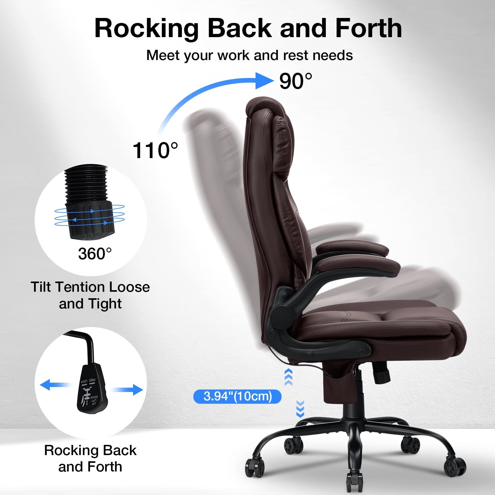 Hoffree Big and Tall Office Chair, 500LBS Executive Desk Chair with Adjustable Lumbar Support Ergonomic Computer Leather Chair with Padded Flip up Arms and Spring Cushion for Home Office