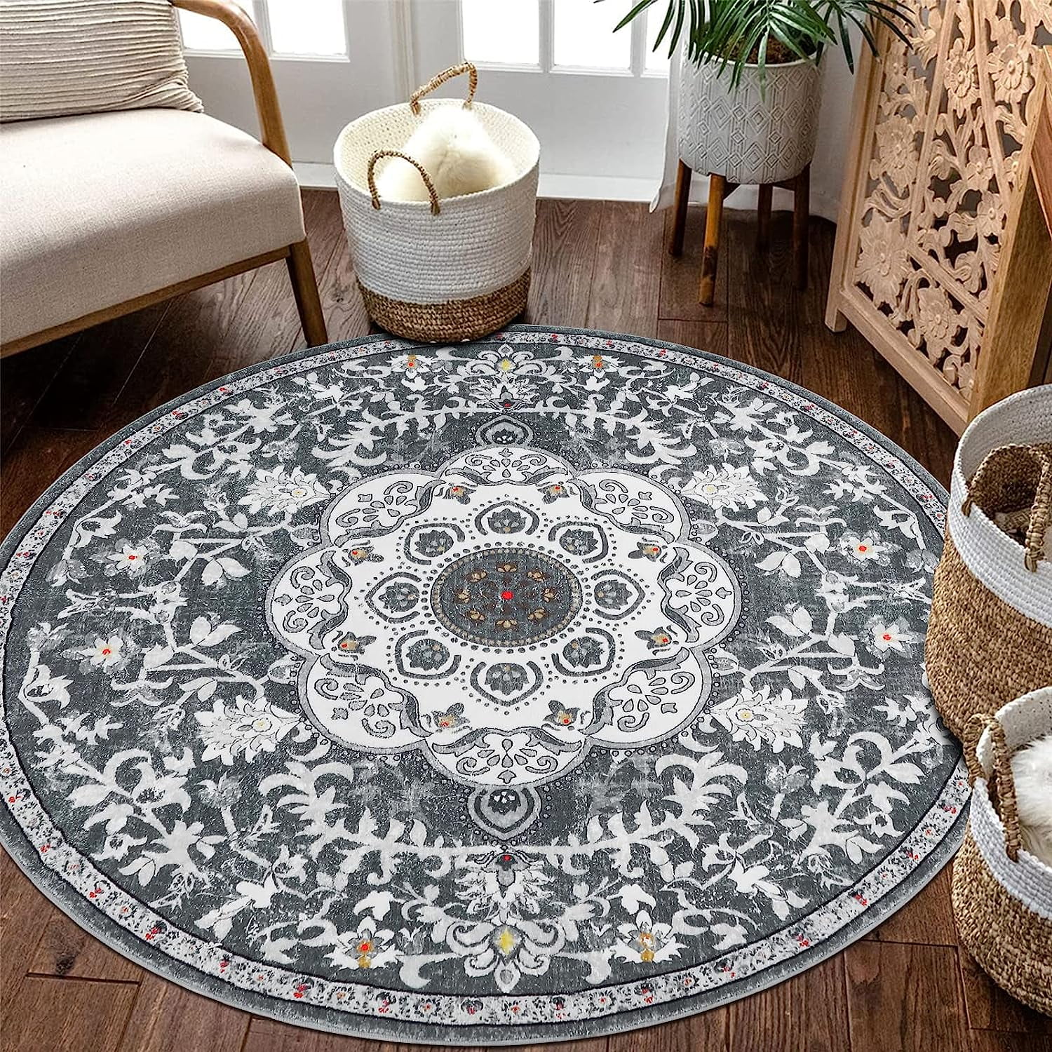 Findosom 5.25'Round Area Rug,Non Slip Washable Round Rug Boho Area Rug for Living Room,Bedroom,Home Decor,Office,Dining Room,Gray