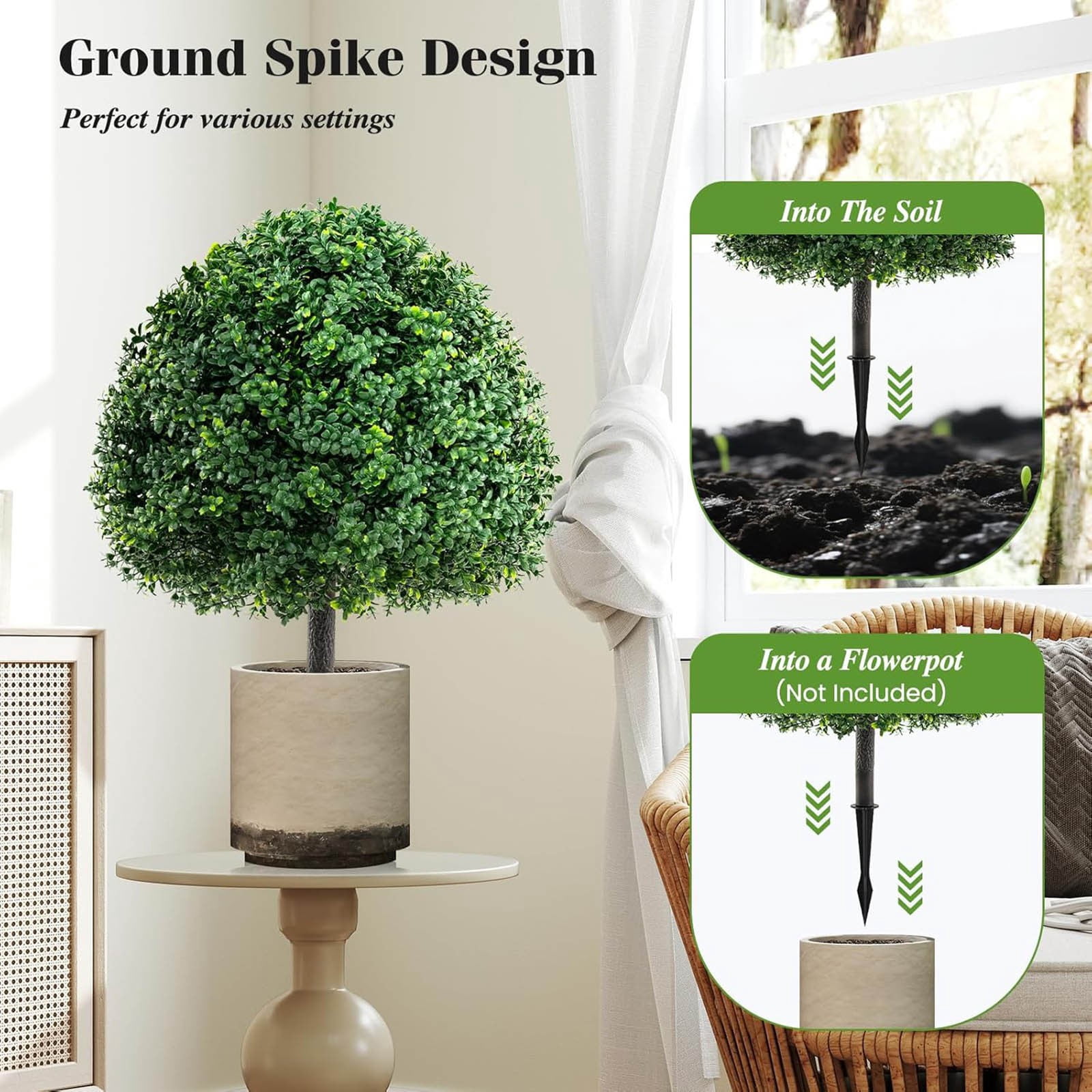 Artificial Topiary Ball Tree, 27.5 Inch Faux Plants With Ground Spike, Indoor Outdoor Decorative Fake Greenery, PE Material UV Resistant, Home Office Garden Landscaping,Easy Maintenance