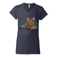 thumbnail image 3 of Wild Bobby, First We Still Your Heart Then Your Bed | Funny Neon Colorful Cat | Dean Russo Art Animal Lover Womenâ€™s Standard V-Neck Tee, Navy, Small, 3 of 6