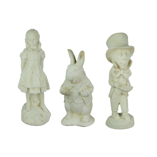 3 Piece Alice in Wonderland, White Rabbit & Mad Hatter Antiqued White Solid Cement Statue Set
