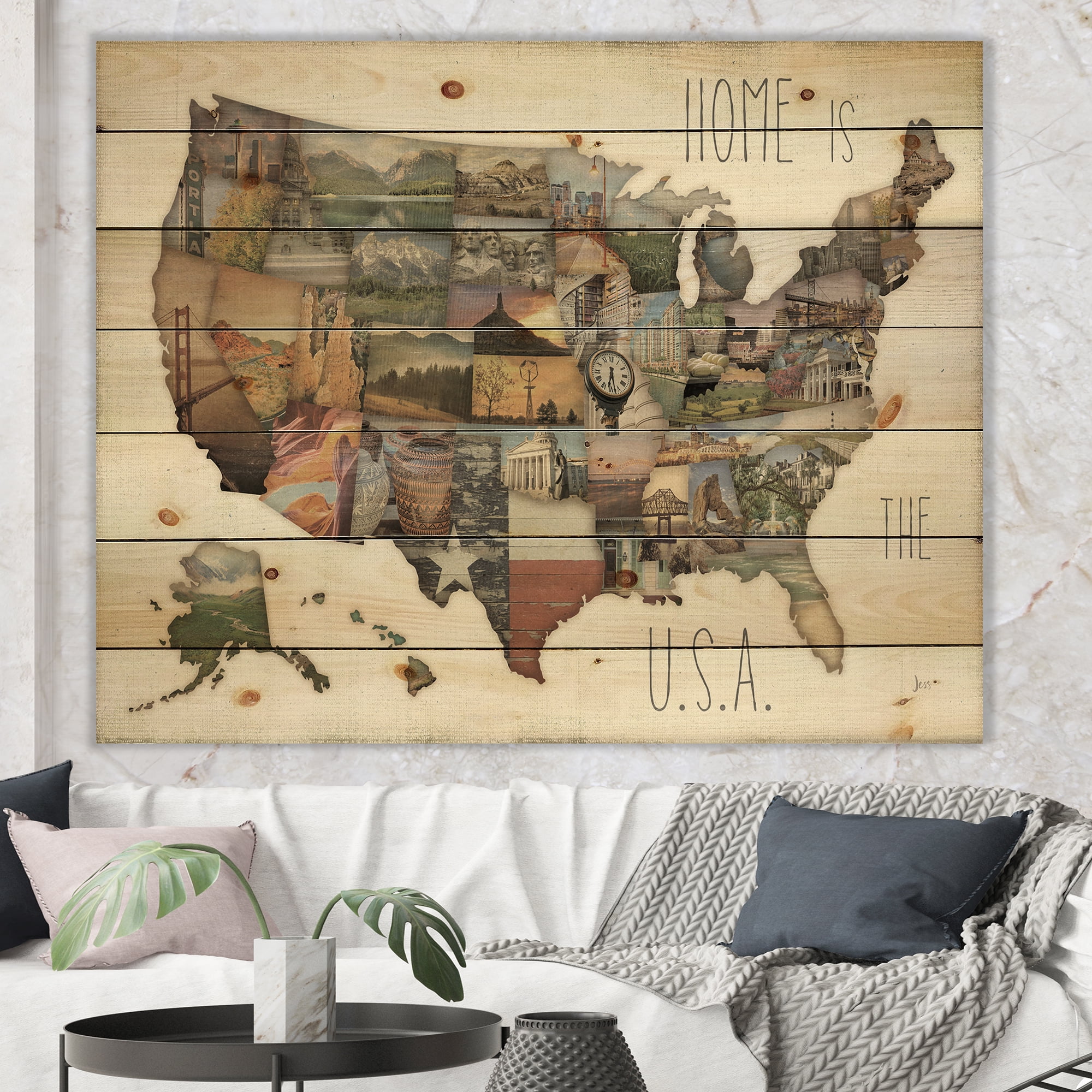 Designart 'InstaStates Monuments Map' Map Print on Natural Pine Wood