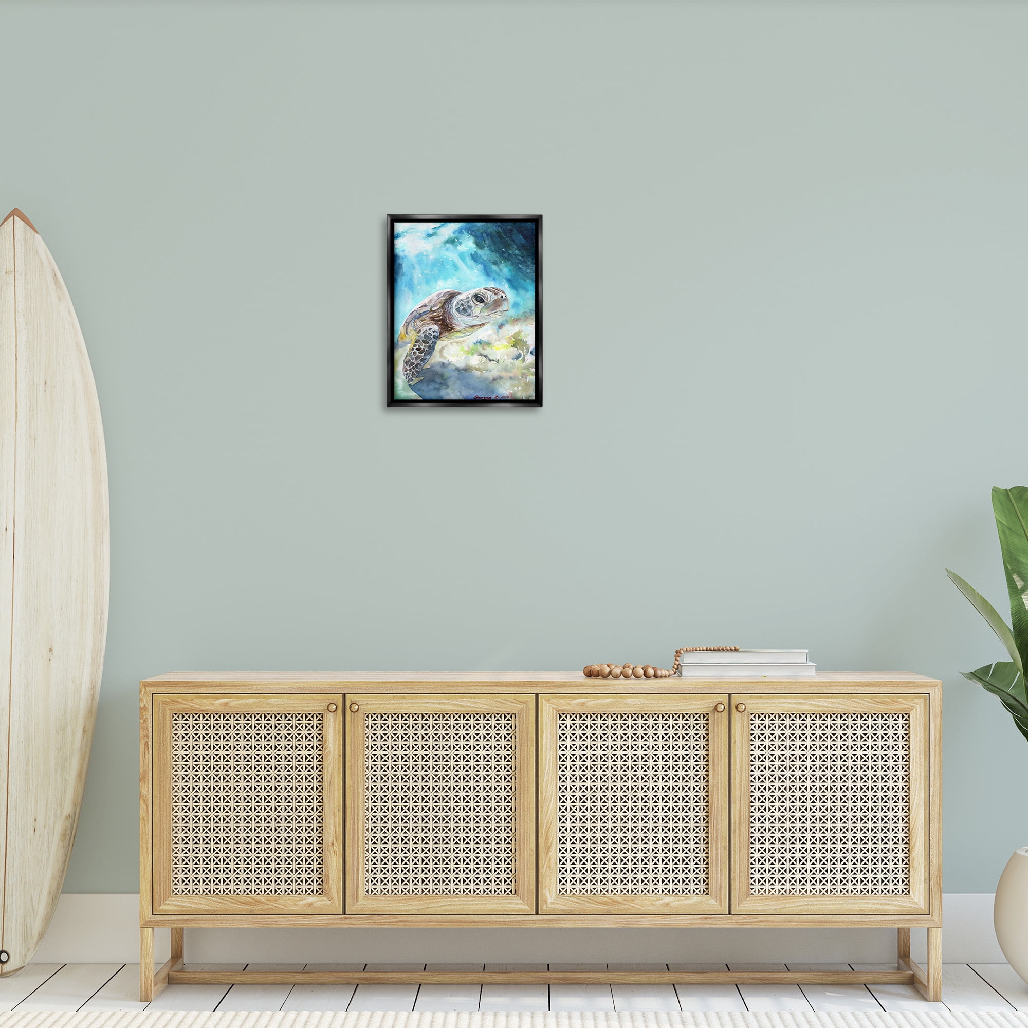 Stupell Industries Sea Turtle Ocean Watercolor Animals & Insects Painting Black Floater Framed Canvas Art Print Wall Art, 17 x 21