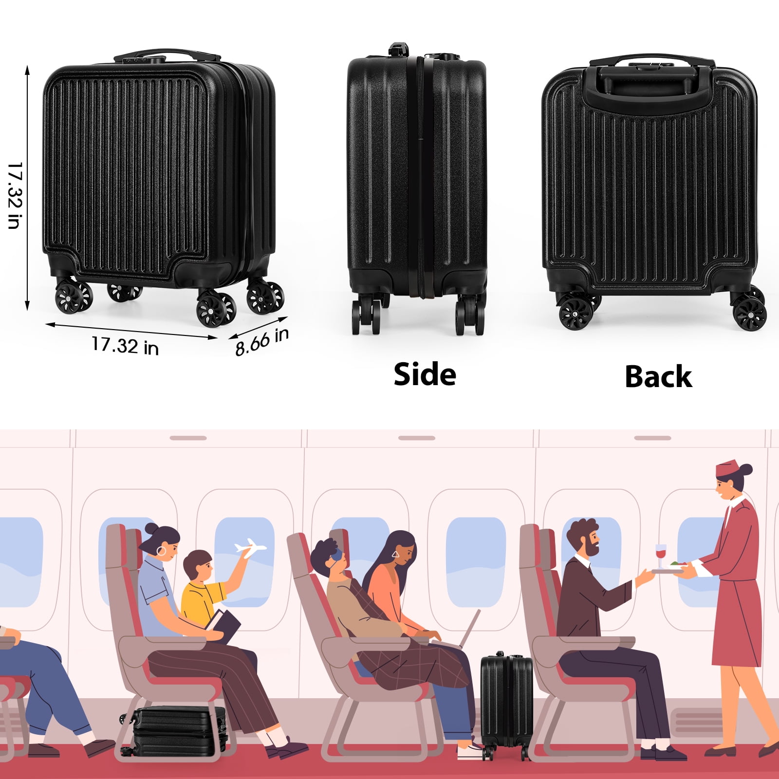 18" Underseat Carry On Luggage with Wheels Hard Shell Mini Small Suitcase