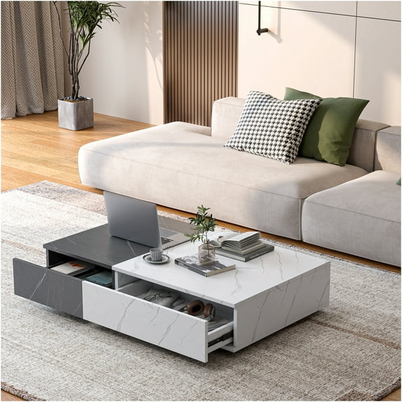 JERFIT Modern 2-Tier Storage Coffee Table, 30 inch Cocktail Table with Marble Pattern Top for Living Room, Sofa Couch, White and Black Finish