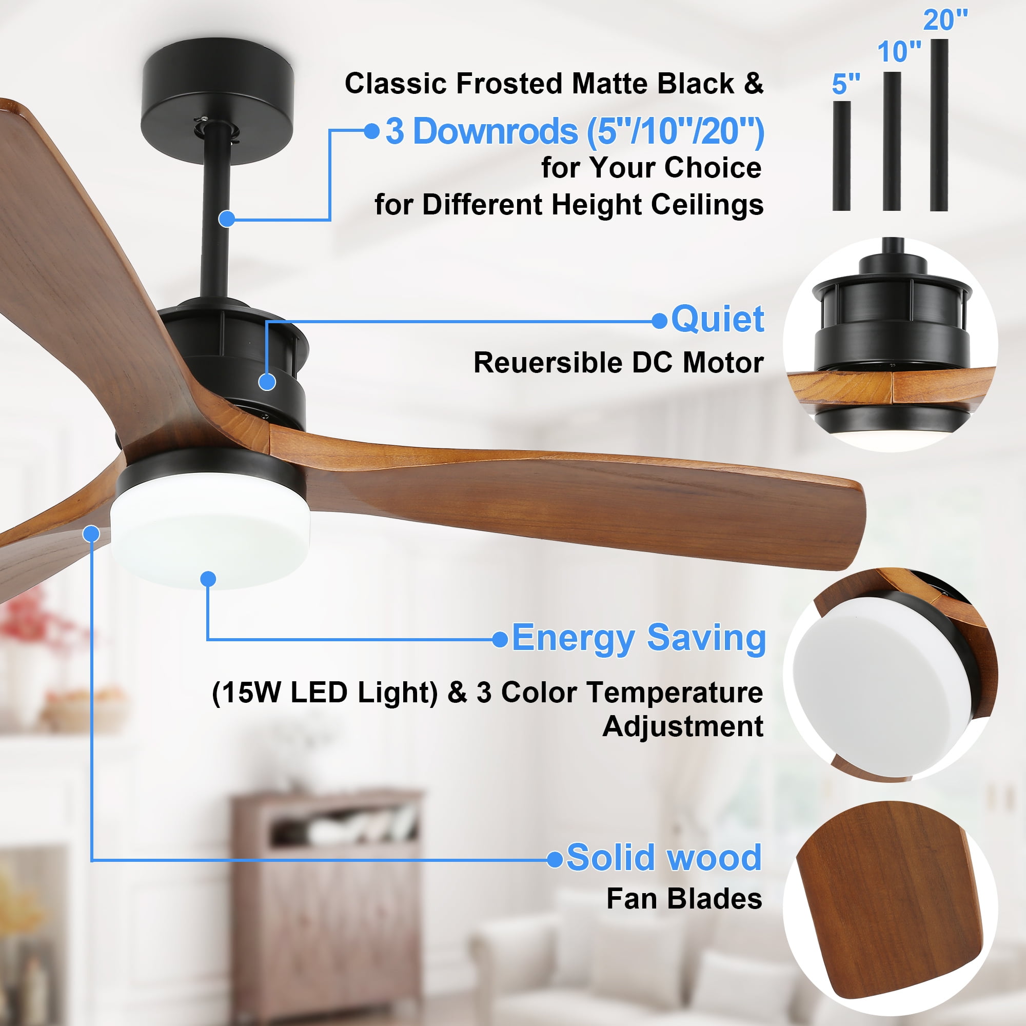 Bella Depot 52" Black Natural Wood Ceiling Fan with Dimmable LED Light, Reversible Blades, Remote Control