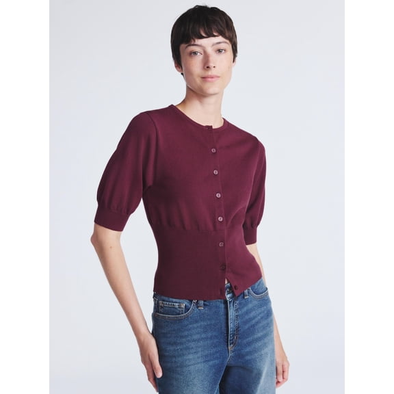 Scoop Women's Short Sleeve Rib Cardigan Sweater, Sizes XS-XXL