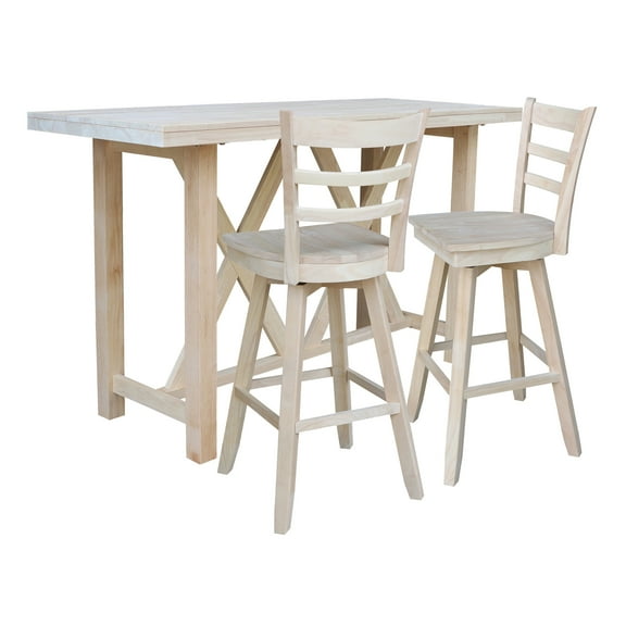 3-Piece Bar Height Solid Wood Dining Set with 72" x 28" Table and 2 Ladder Back Swivel 30 in. Seat Height Bar Stools - Unfinished