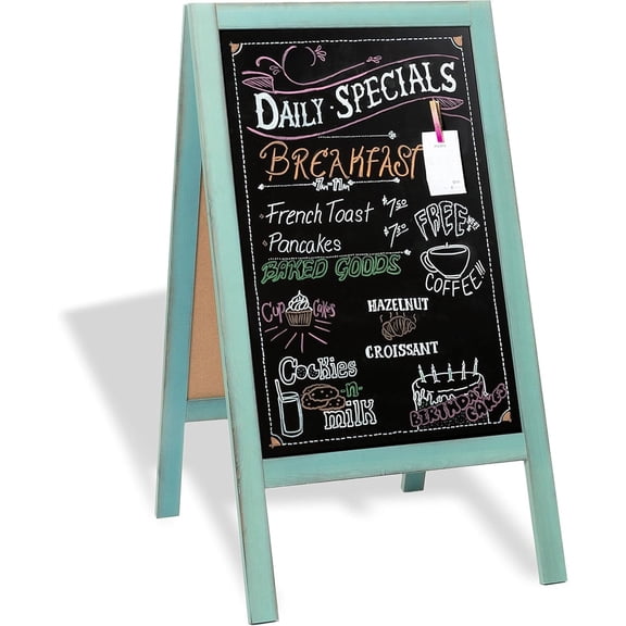 Wooden A-Frame Sign with Eraser & Chalk - 40 x 20 in Magnetic Sidewalk Chalkboard – Turquoise Menu Display for Restaurant, Business Or Wedding