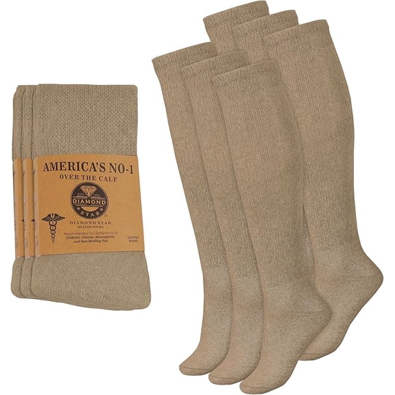 Diamond Star Diabetic Over the Calf, Non-binding Premium Cushion Cotton Knee High Comfortable Socks for Men (Beige - 6 Pairs, Socks Size 10-13)
