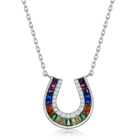 iJewelry2 Sterling Silver Baguette Rainbow Multicolor CZ Horseshoe Pendant Necklace 18''