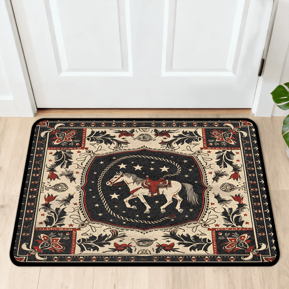 CURLYOOT Western Horse Indoor Doormat, Non-Slip Absorbent Door Mat 24" x 16", Retro Floral Entrance Floor Mat Washable Entry Doormats for Entryway Front Back Door