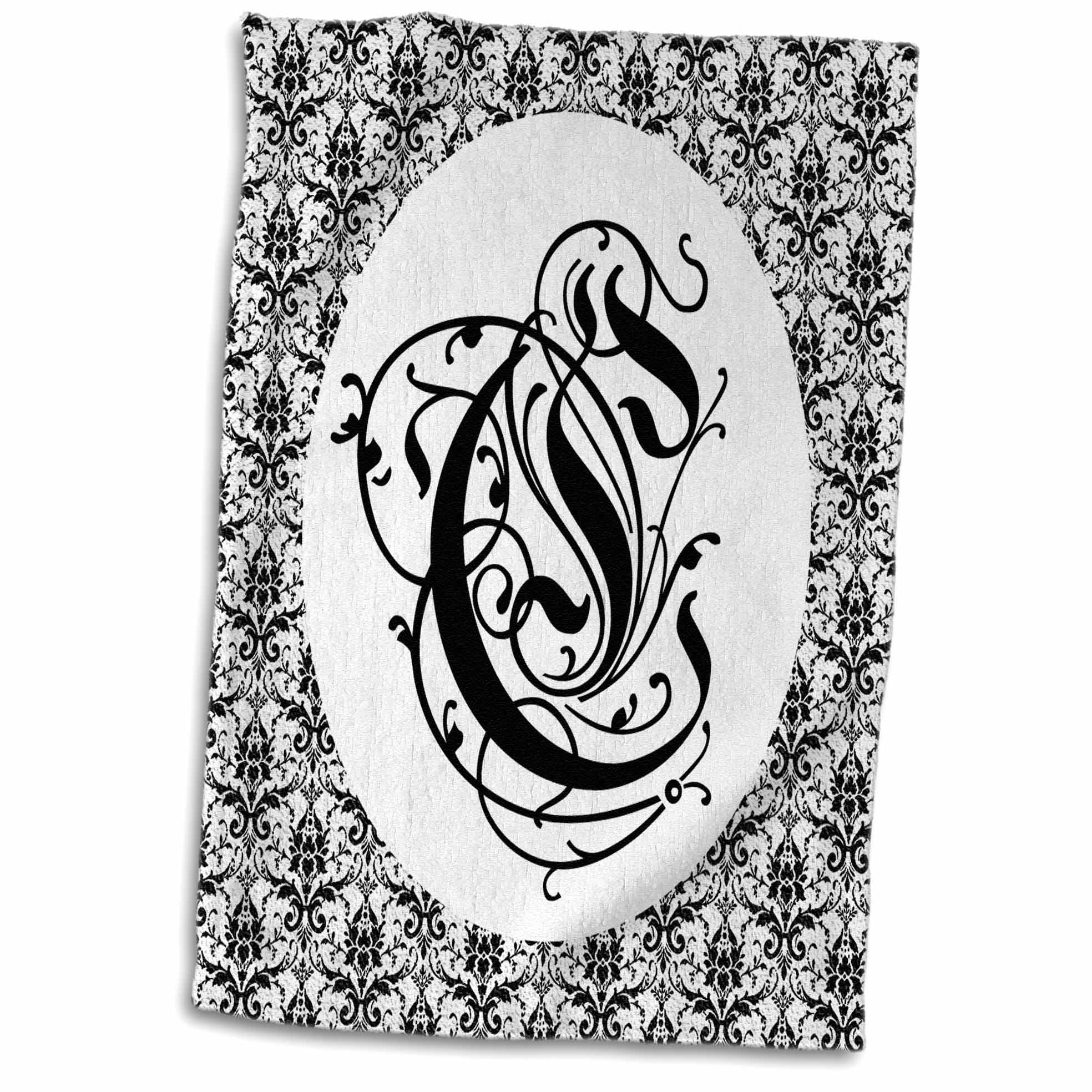 3dRose Ruritania Letter C with Small Black and White Pattern Damask Art - Towel, 15 by 22-inch