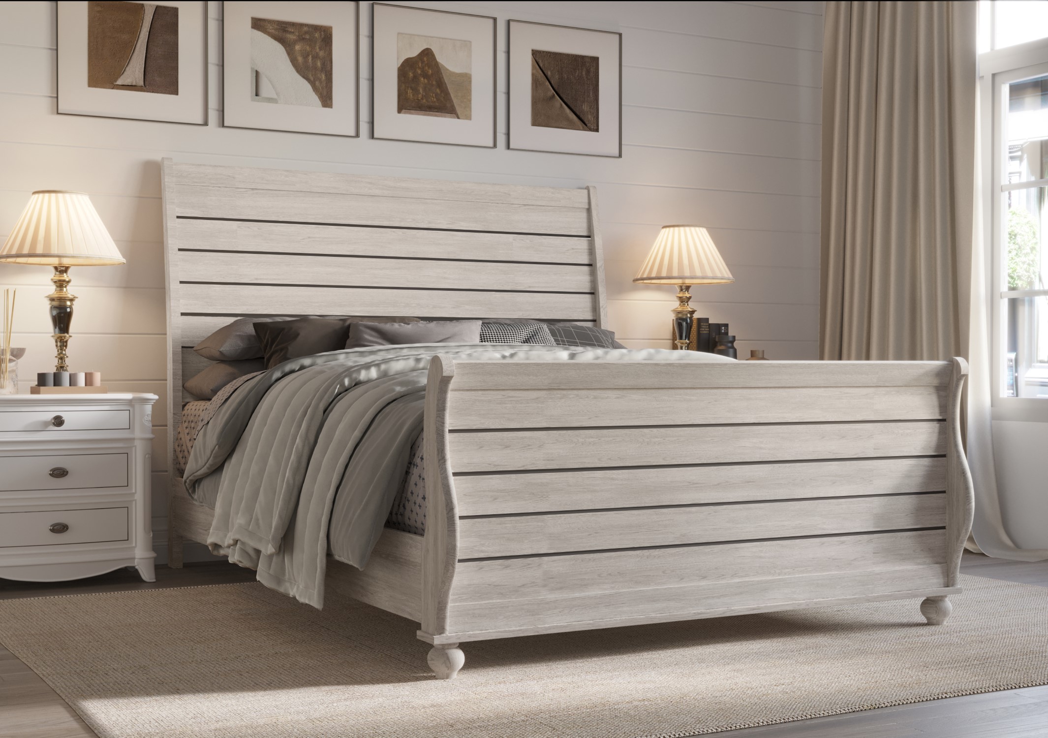 Home Design Miles King Bed Frame with Wood Grain Headboard and Bun Feet, White Oak, Easy assembly