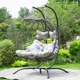 thumbnail image 3 of Outdoor Double Hanging Egg Chair with Stand PE Wicker Oversized Patio 2 Person Swing Egg Chair Gray Loveseat, 3 of 10