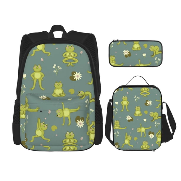 Disketp Cute Yoga Frogs Mochila Estampada de Gran Capacidad con Lonchera y Estuche, Set de 3 Piezas para Estudiantes