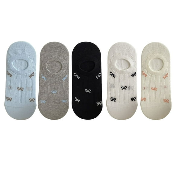 5 Pairs Women's Bow Pattern Low Cut No Show Socks Breathable Mesh Knit Anti-Slip Design Multiple Color Options - 5 pairs-C