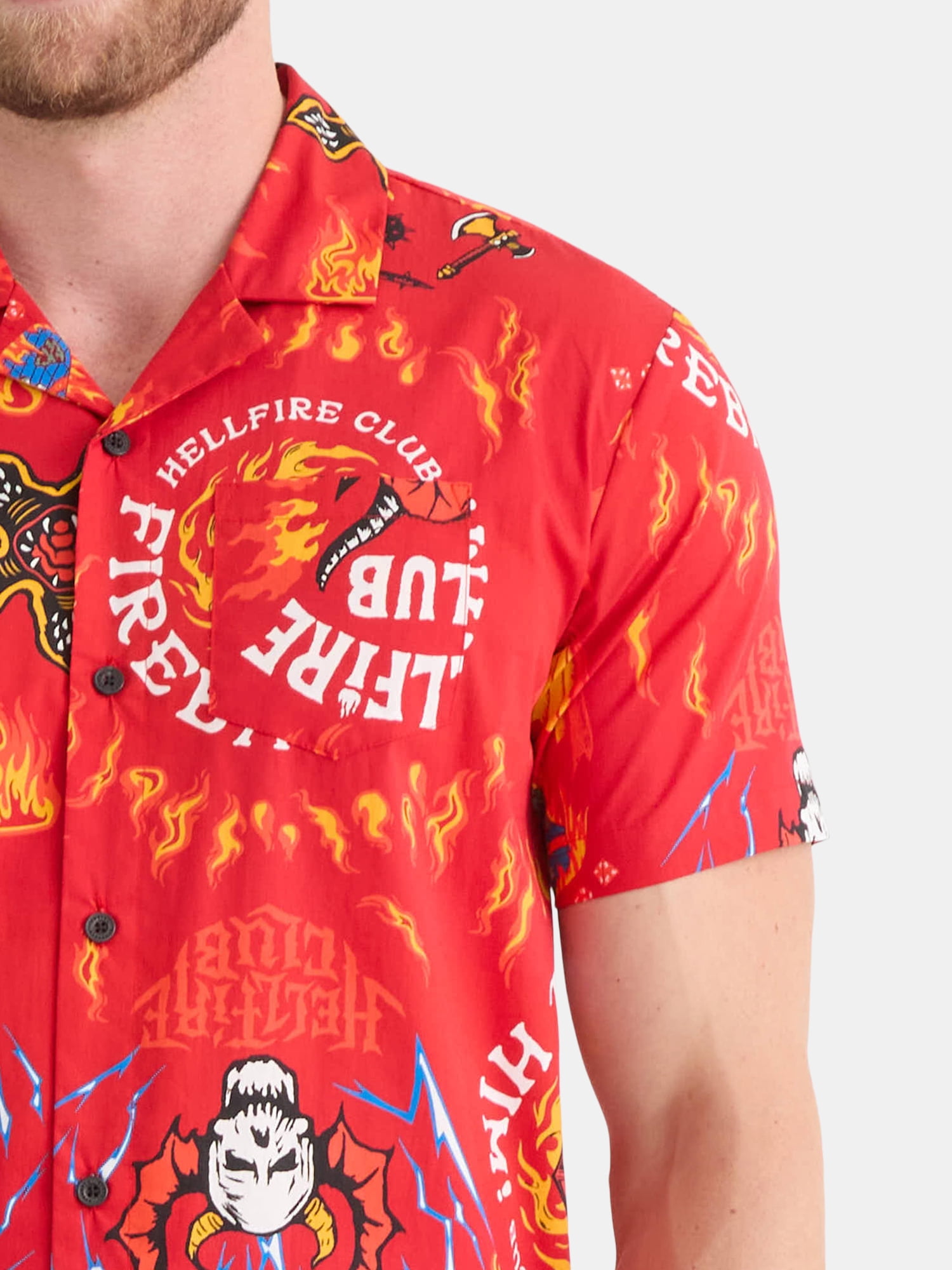 Netflix Stranger Things Men's and Big Men's Hellfire Club Print Button-Up Cotton Shirt with Short Sleeves, Sizes XS-3XL