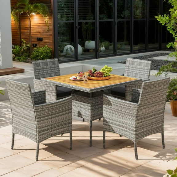 GVN Outdoor Dining Sets,Patio Dining Sets,5 Pieces PE Wicker Patio Dining Set Outdoor Acacia Wood Table and Chairs-Black