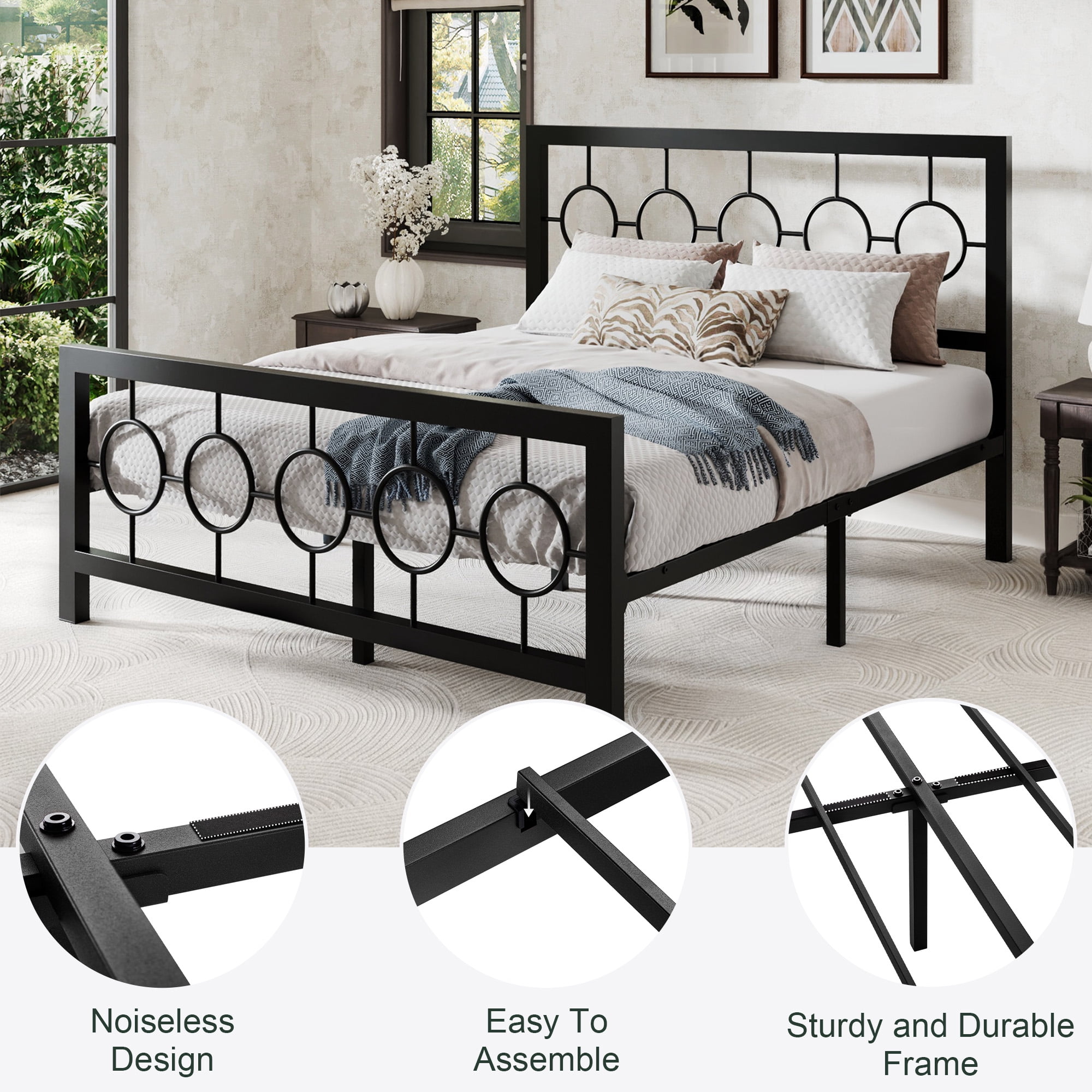 Sha Cerlin Black Queen Size Metal Platform Bed Frame with Vintage Circular Headboard & Footboard, Adult